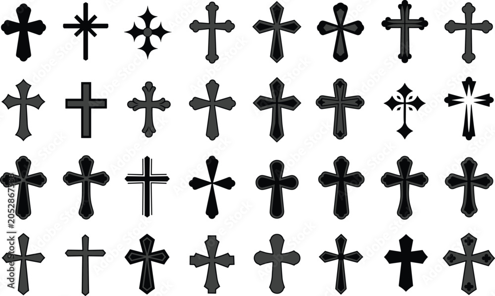 Fototapeta premium Collection of 25 unique cross designs in black silhouette, decorative religious symbols with diverse artistic styles and patterns