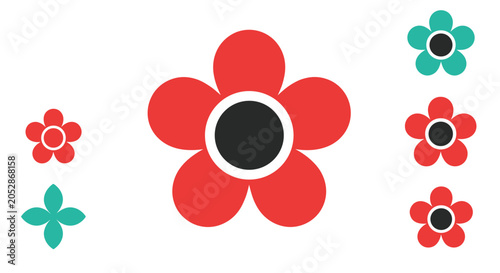 Canvas Print Vibrant red flower with a dark center is displayed alongside smaller versions in red and teal for a cheerful floral composition