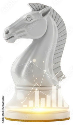 Elegant white chess knight piece shows digital data graphs and nodes isolated transparent background image