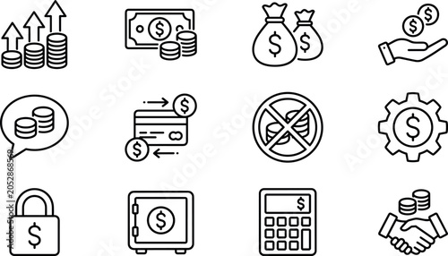 Financial Banking and Money Management Line Icon Vector Set for Business Accounting, Investment Growth, Safe Savings, and Digital Transaction Interface Designs