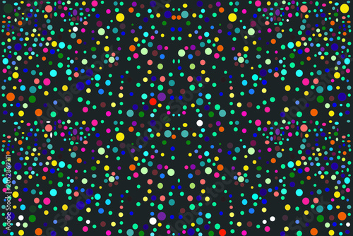 Beautiful abstract wallpaper featuring vibrant multicolored circles and glowing rings on a deep black background. Created in Adobe Photoshop, this modern design offers a striking, (Not made with AI)