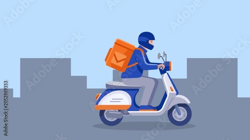 4K loop animation of a delivery man riding a blue scooter fast on a city road. Courier wearing a helmet and carrying an orange thermal backpack delivering food or parcel.