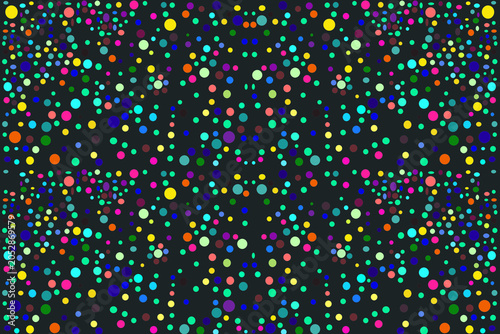Beautiful abstract wallpaper featuring vibrant multicolored circles and glowing rings on a deep black background. Created in Adobe Photoshop, this modern design offers a striking, (Not made with AI)