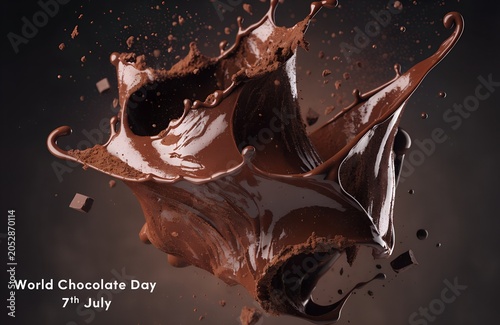 World Chocolate Day Celebration with Dynamic Dark Chocolate Splash and Rich Cocoa Delight 7th July.