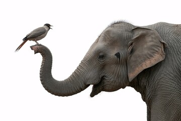 Elephant and bird friend on trunk close up portrait