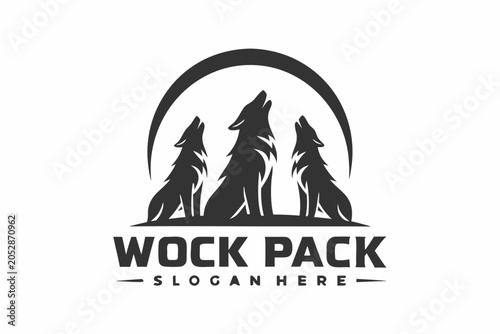 Schilderij op canvas Wolf pack howling under a bright full moon, detailed vector illustration