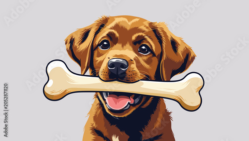 Happy dog holding a bone smiling on a simple background