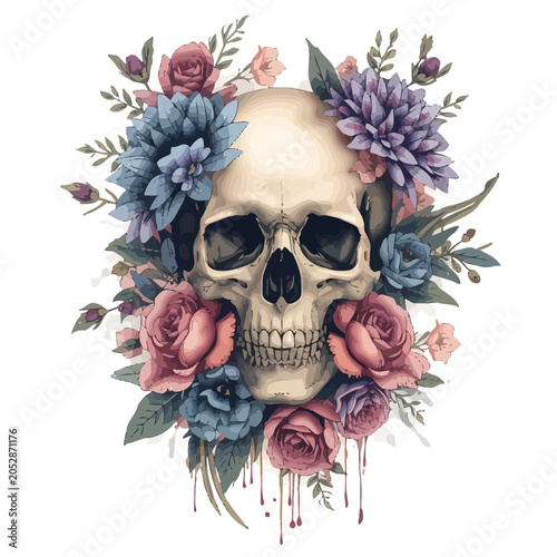 Vintage Floral Skull Vector Illustration - Gothic Human Cranium with Romantic Roses and Peony Flower Bouquet Art