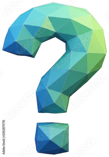 Geometric 3D low poly question mark with vibrant teal and green facets isolated transparent background image