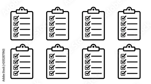 Nine outlined clipboard checklists icons arranged in a grid for project planning, task management, and office productivity visuals