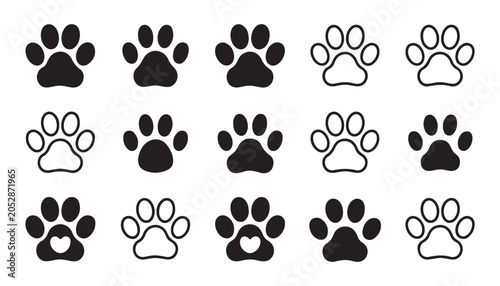 Paw prints collection in multiple styles for creative design projects on transparent background.