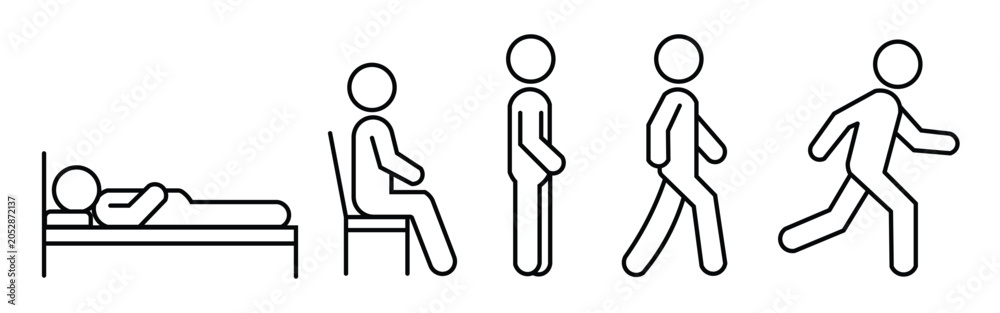 Fototapeta premium People icon set. Person lie, stand, sit, walk and run icon. People sitting, standing, walking and running symbol. People icons in different posture, human various action poses. Vector Illustration