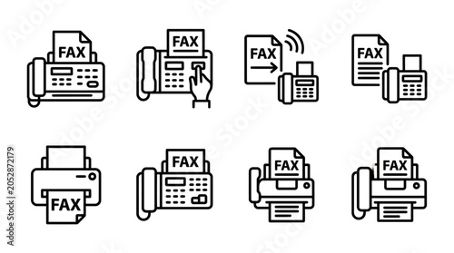 Collection of fax machine icons in various styles: desktop, handheld, wireless, and printer-style illustrations