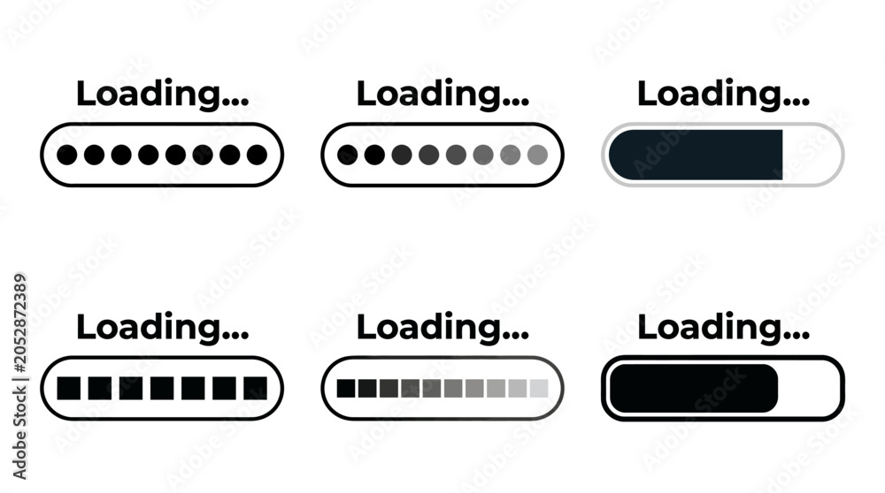 Fototapeta premium Diverse loading progress bars in multiple styles and completion levels, illustrating UI loading indicators and skeleton placeholders.