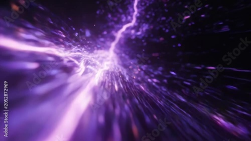 Abstract violet tunnel of light particles. Digital warp speed motion in deep space. High energy plasma flow creating a glowing hyperspace portal for cosmic travel.