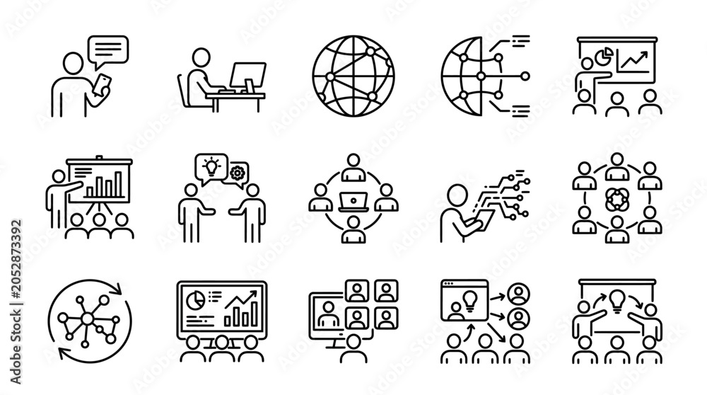 Fototapeta premium Comprehensive icon set illustrating teamwork, collaboration, and global business communication across meetings, strategy development, and data sharing.
