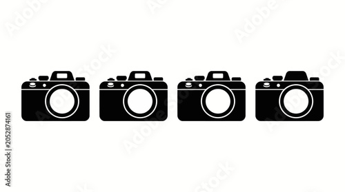 Four DSLR cameras in a row on a white background, photography gear, studio setup, and camera icons.
