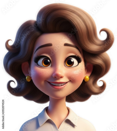 Happy 3D character girl with wavy brown hair and freckles smiling warmly, isolated transparent background image