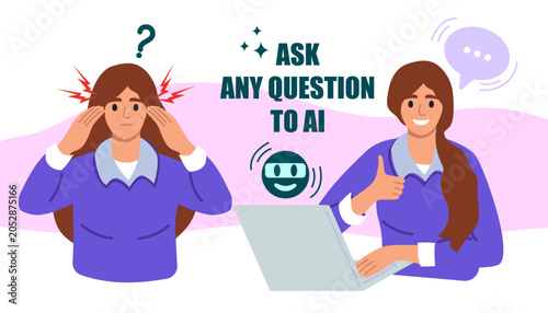 Chat bot robot speech internet. AI service saved the problem. Woman Asks question to AI. Artificial intelligence assistance. Digital conversation. Vector