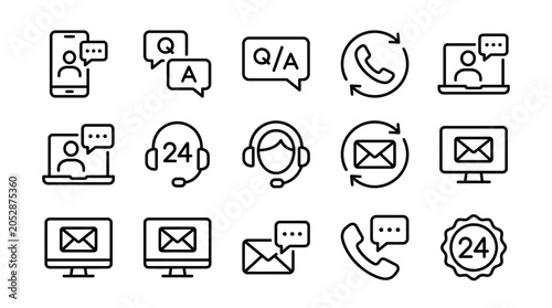 Line art icons set featuring customer support and communication tools: chat, email, phone, headset, Q&A, 24/7 service, inbox and devices.