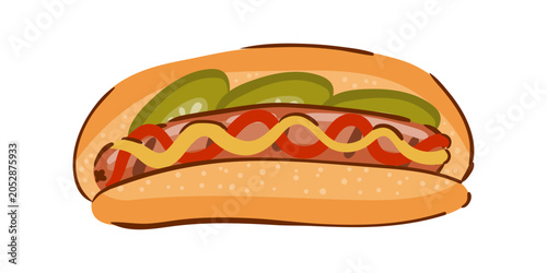 Chicago style hot dog vector illustration with mustard, ketchup, and pickles, isolated on a white background. This ballpark street food graphic is ideal for stadium menu designs and picnic icons.