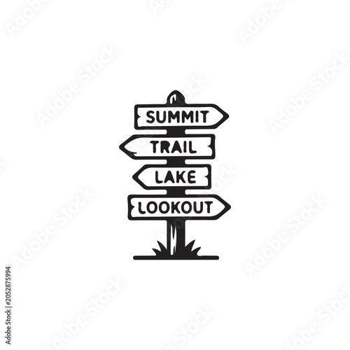 Tableau sur toile Rustic wooden directional signpost vector silhouette featuring trail summit lake