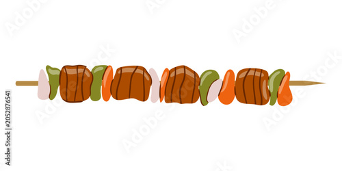 Slika na platnu Grilled beef shish kebab skewer vector illustration with vegetables, isolated on a white background