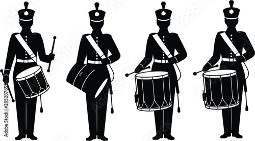 Fotografía Military Drummer Soldier Silhouette Set, Marching Band Percussion Musicians in U
