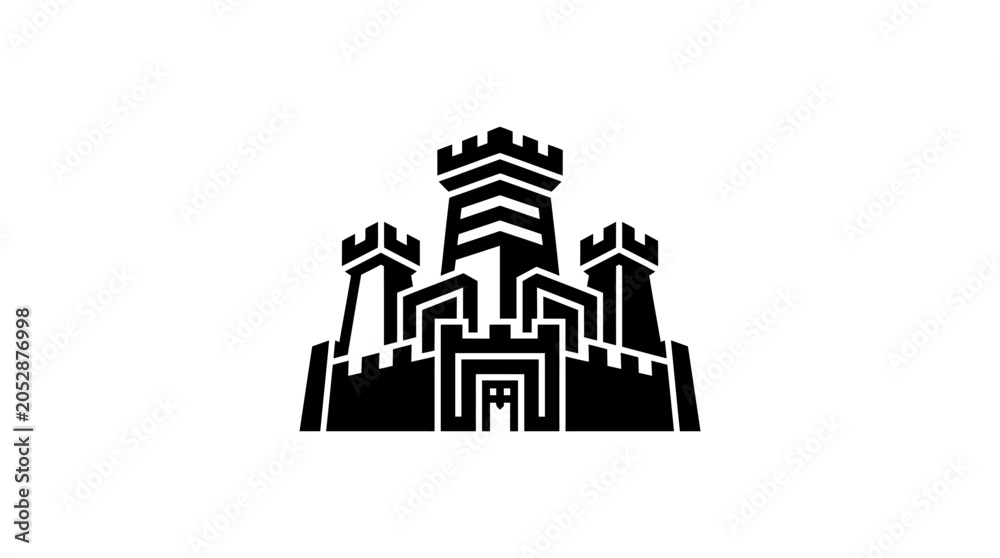 Fototapeta premium Stylized black and white castle illustration with turrets and gate