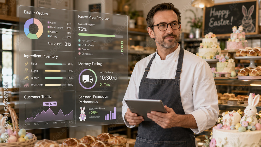 Professional baker using digital dashboard for bakery management during Easter season