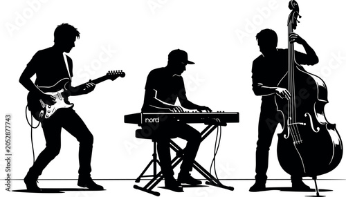 Musicians Silhouette Vector Graphic Collection with Acoustic Double Bass Guitarist and Electronic Keyboard Synthesizer Players Performing Live Jazz Music Concert on Stage