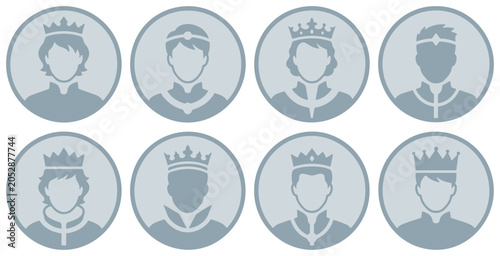 Tableau sur toile Set of eight circular icons featuring stylized portraits of kings and princes wearing crowns