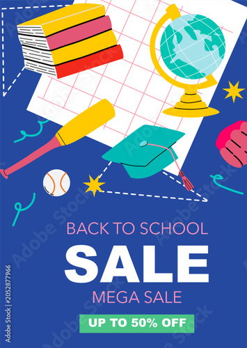 Back to school background, school and college education concept illustration. Cartoon flat cover template, Stationery sale banner.