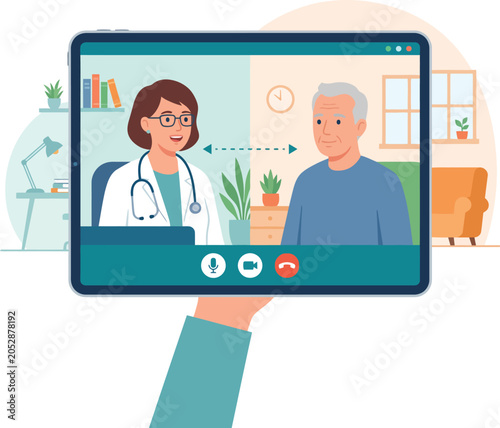 Online medical consultation using tablet computer for telehealth appointment between doctor and elderly patient in home interior setting view.