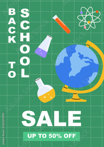Chemistry Back to school poster. Sale background, school or college education concept illustration. Cartoon flat cover science template, Stationery sale banner.