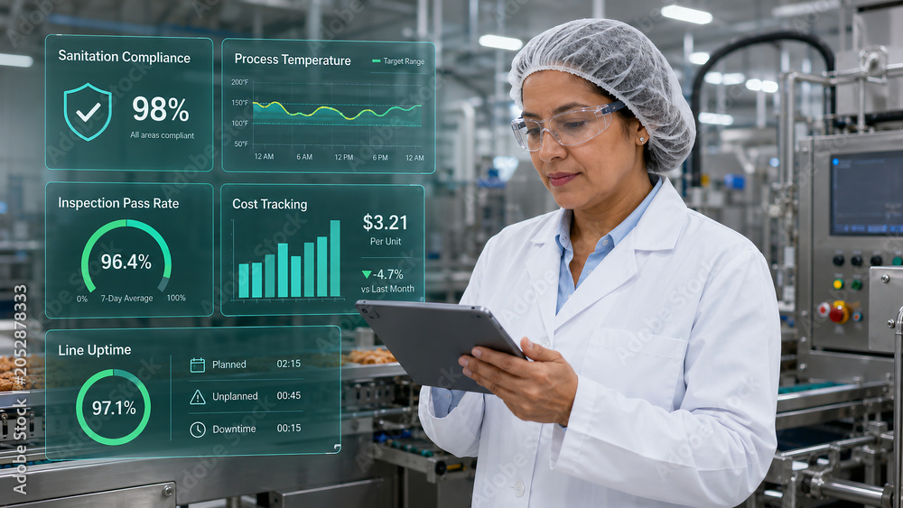 Female quality control specialist monitoring food production line with digital dashboard