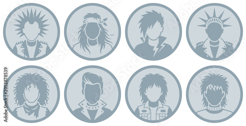 Konstfotografi Set of eight stylized circular icons representing diverse punk rock and new wave subculture hairstyles and fashion