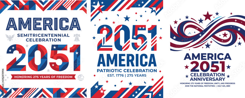 Obraz premium Vintage America 2051 Retro Futuristic Poster Design with Patriotic Elements and Wavy Stripes