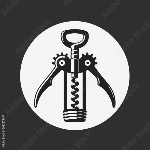 Corkscrew tool graphic in black and white for wine enthusiasts