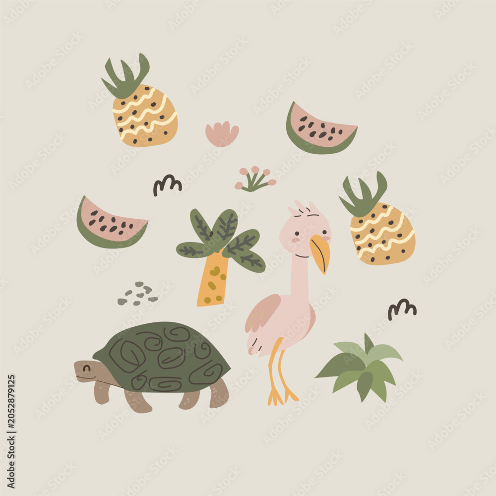 Fototapeta premium Cute african turtle and flamingo round composition in scandinavian doodle style. Cartoon vector illustration, Tropical palm and fruits, doodle floral elements in childish style.