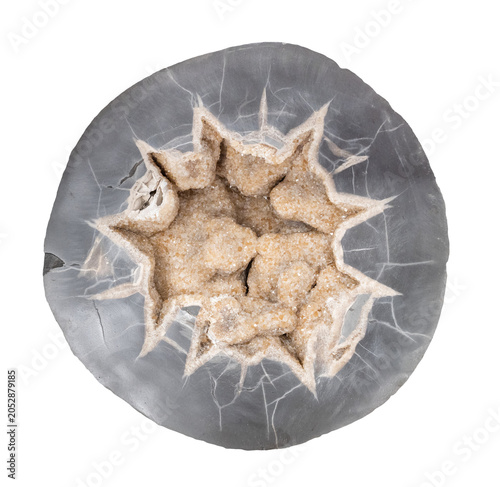 Fotografija natural septaria concretion with calcite crystals cutout on white background