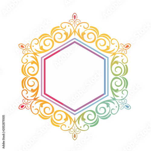 Colorful ornamental hexagon frame with swirl pattern