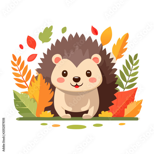 Cute cartoon hedgehog with autumn leaves
