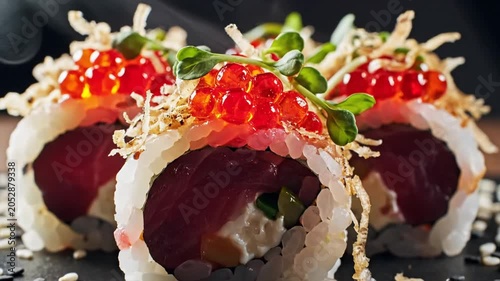 Gourmet tuna sushi rolls topped with red caviar and microgreens served on a dark slate board with sesame seeds