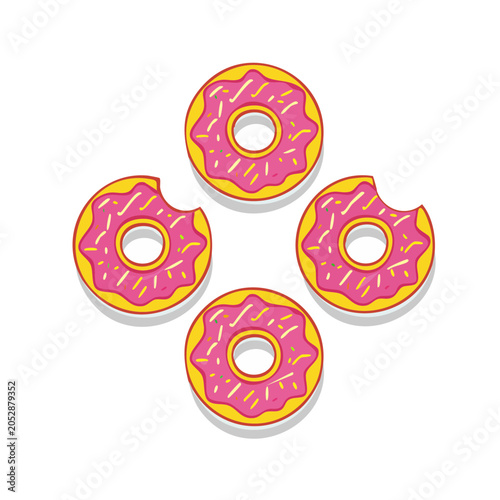 Four pink and yellow cartoon donuts with sprinkles