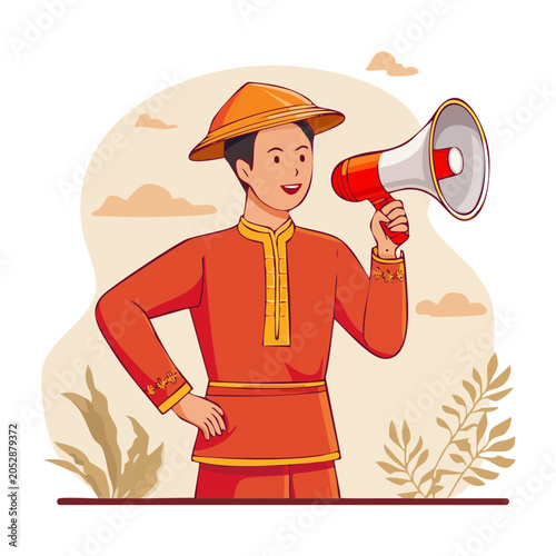 Man in traditional clothing with megaphone illustration