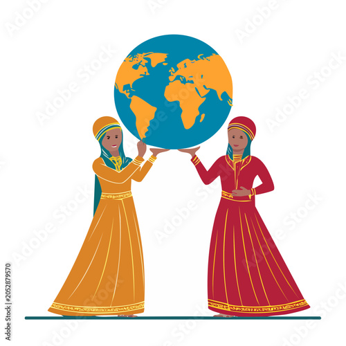 Two women in traditional clothing holding a globe