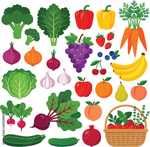 Set of fresh organic vegetables and fruits including broccoli leafy greens peppers carrots berries bananas apples healthy food icons.