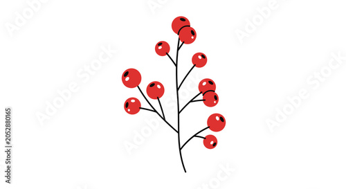 Foto Simple stylized illustration depicts a slender branch with several clusters of bright red berries against a white background