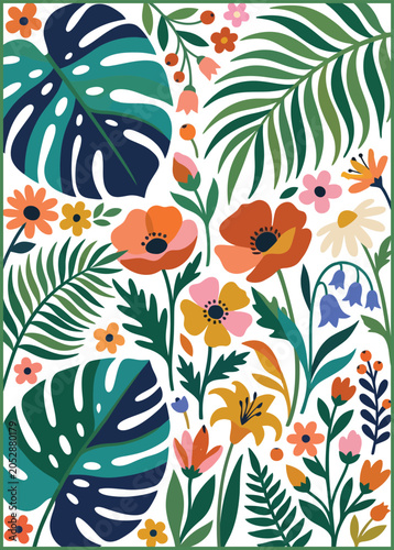 Seamless botanical pattern with tropical leaves wildflowers and meadow plants colorful floral decorative print flat vector illustration.